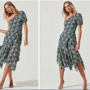 ASTR Santorini One Shoulder Midi Dress, Blue Green Floral (XS)